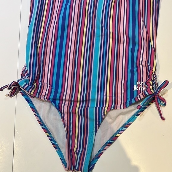 Betsey Johnson Girls One Piece Striped Bathing Suit with Pom Poms size 14 - Picture 4 of 13